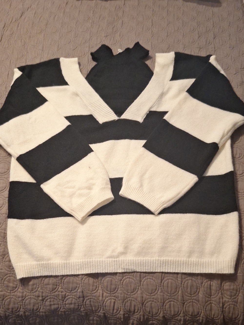 Black & Cream Striped V-Neck with Mock Neck  Slightly Off The Shoulders.
